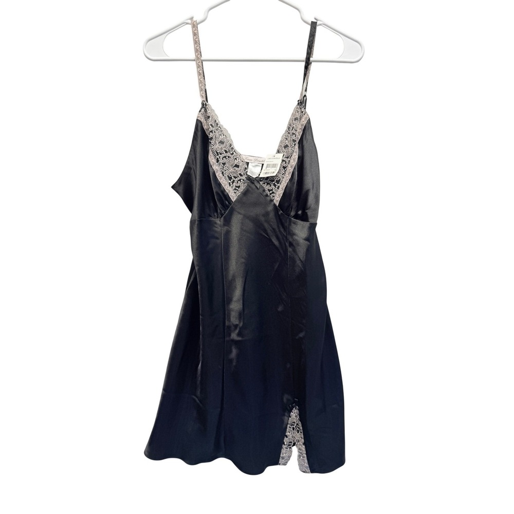 NWT Linea Donatella Chemise Nightgown Dress Lace Trim Satin Medium Black Women